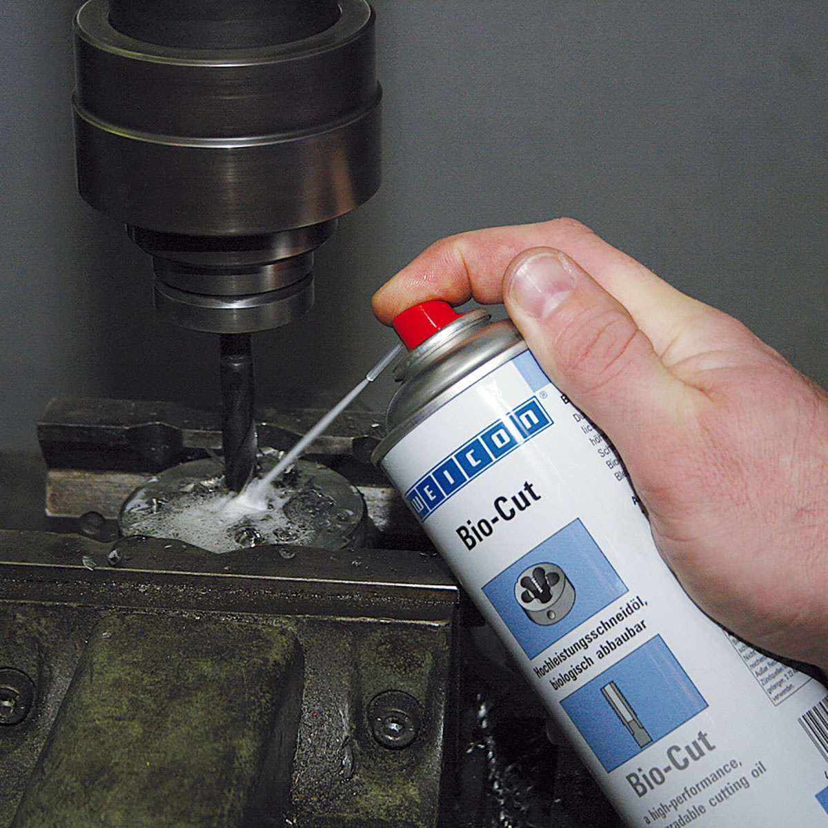 Weicon Bio-Cut Spray used to lubricate high speed drill